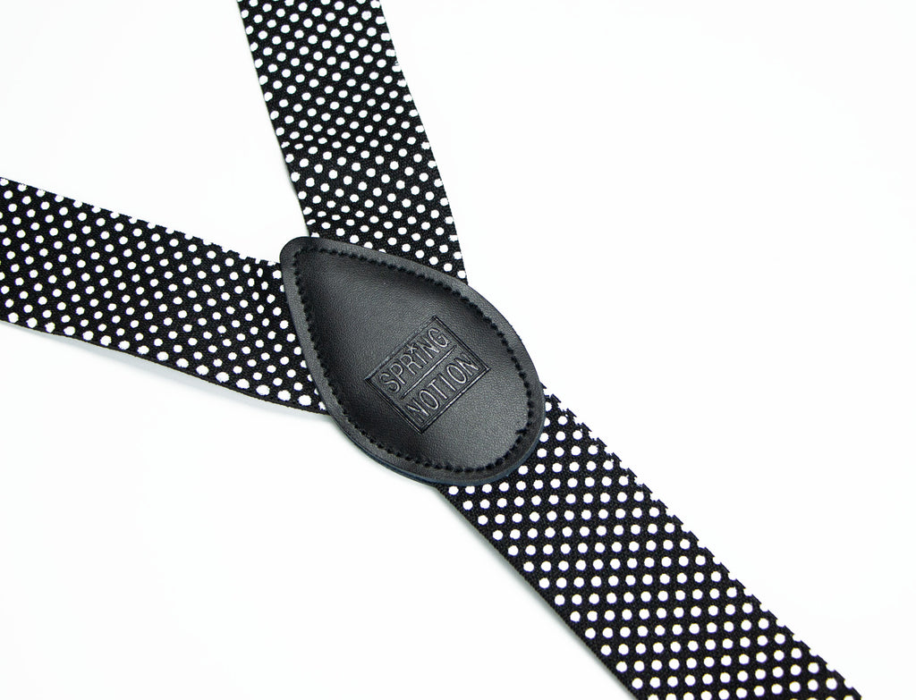 men's black white dotted polka dots elastic stretch suspenders with genuine leather crosspatch with subtle Spring Notion branding