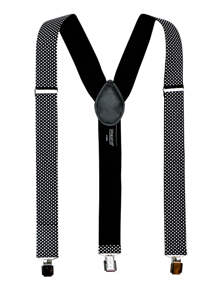 men's black white dotted polka dots elastic stretch suspenders with genuine leather crosspatch with subtle Spring Notion branding