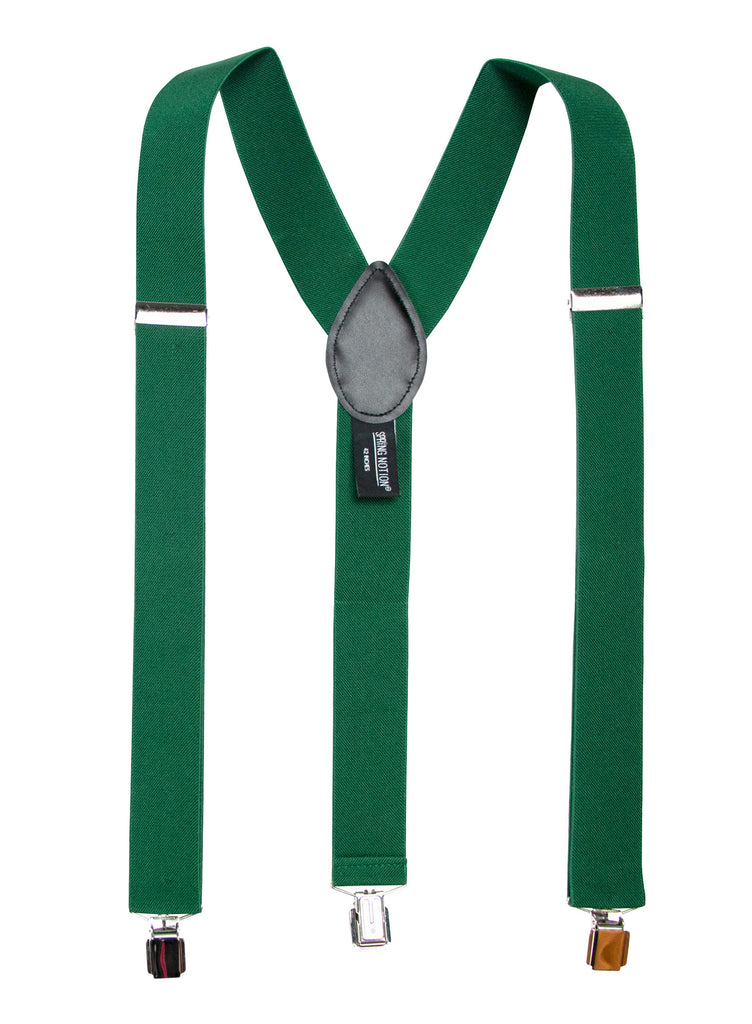 men's emerald green elastic stretch suspenders with genuine leather crosspatch with subtle Spring Notion branding