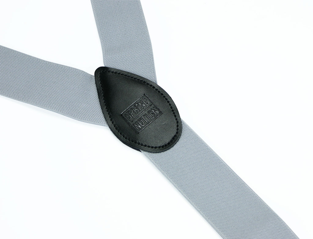 men's grey gray elastic stretch suspenders with genuine leather crosspatch with subtle Spring Notion branding