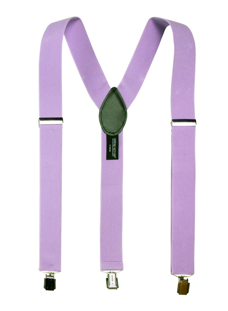 men's lilac lavender purple pink elastic stretch suspenders with genuine leather crosspatch with subtle Spring Notion branding