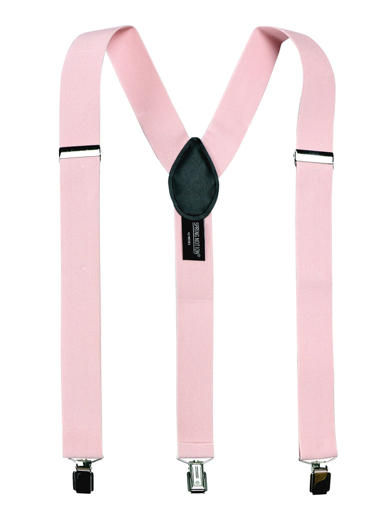 men's light pink baby pink elastic stretch suspenders with genuine leather crosspatch with subtle Spring Notion branding