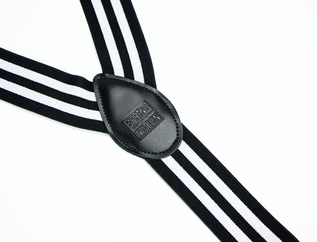 men's black white stripes elastic stretch suspenders with genuine leather crosspatch with subtle Spring Notion branding
