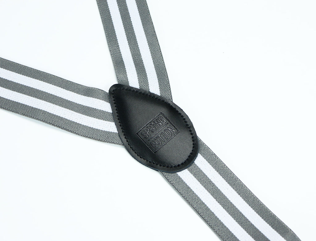 men's grey white stripes elastic stretch suspenders with genuine leather crosspatch with subtle Spring Notion branding