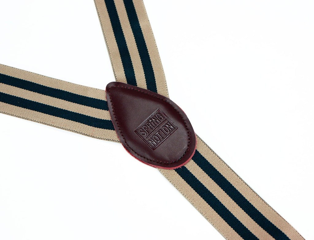 men's tan navy blue stripes elastic stretch suspenders with genuine leather crosspatch with subtle Spring Notion branding