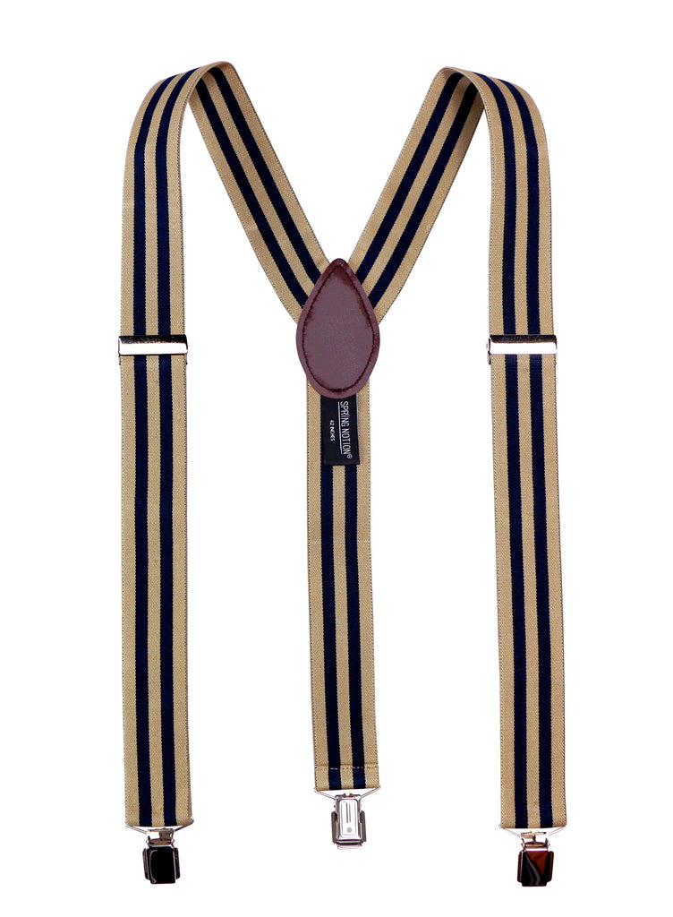 men's tan navy blue stripes elastic stretch suspenders with genuine leather crosspatch with subtle Spring Notion branding