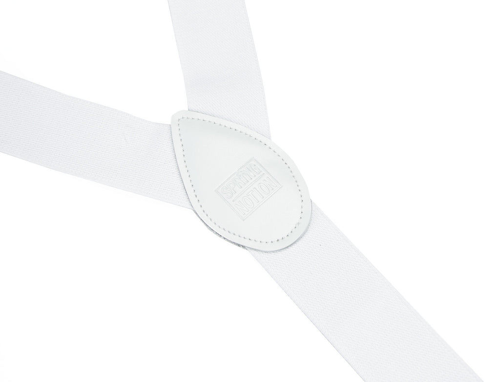 men's white elastic stretch suspenders with genuine leather crosspatch with subtle Spring Notion branding