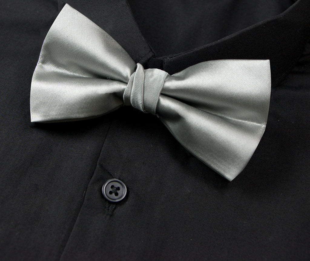 men's grey gray solid color satin microfiber bow tie on black dress shirt