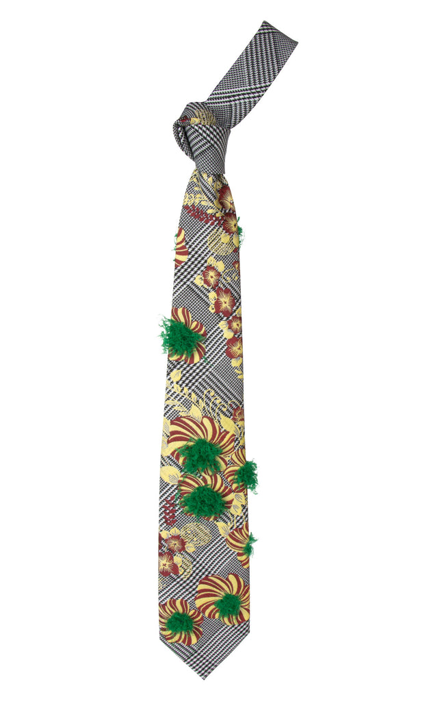 Men's Woven Microfiber Glen Plaid Floral with Faux Down Feather Fuzz Necktie