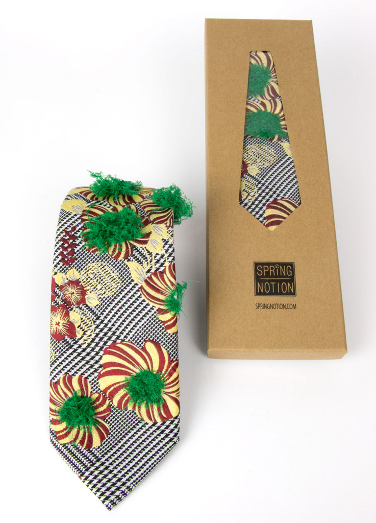 Men's Woven Microfiber Glen Plaid Floral with Faux Down Feather Fuzz Necktie