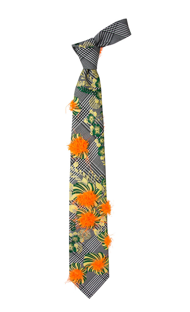 Men's Woven Microfiber Glen Plaid Floral with Faux Down Feather Fuzz Necktie