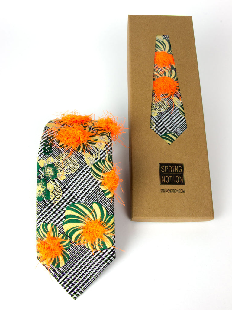 Men's Woven Microfiber Glen Plaid Floral with Faux Down Feather Fuzz Necktie