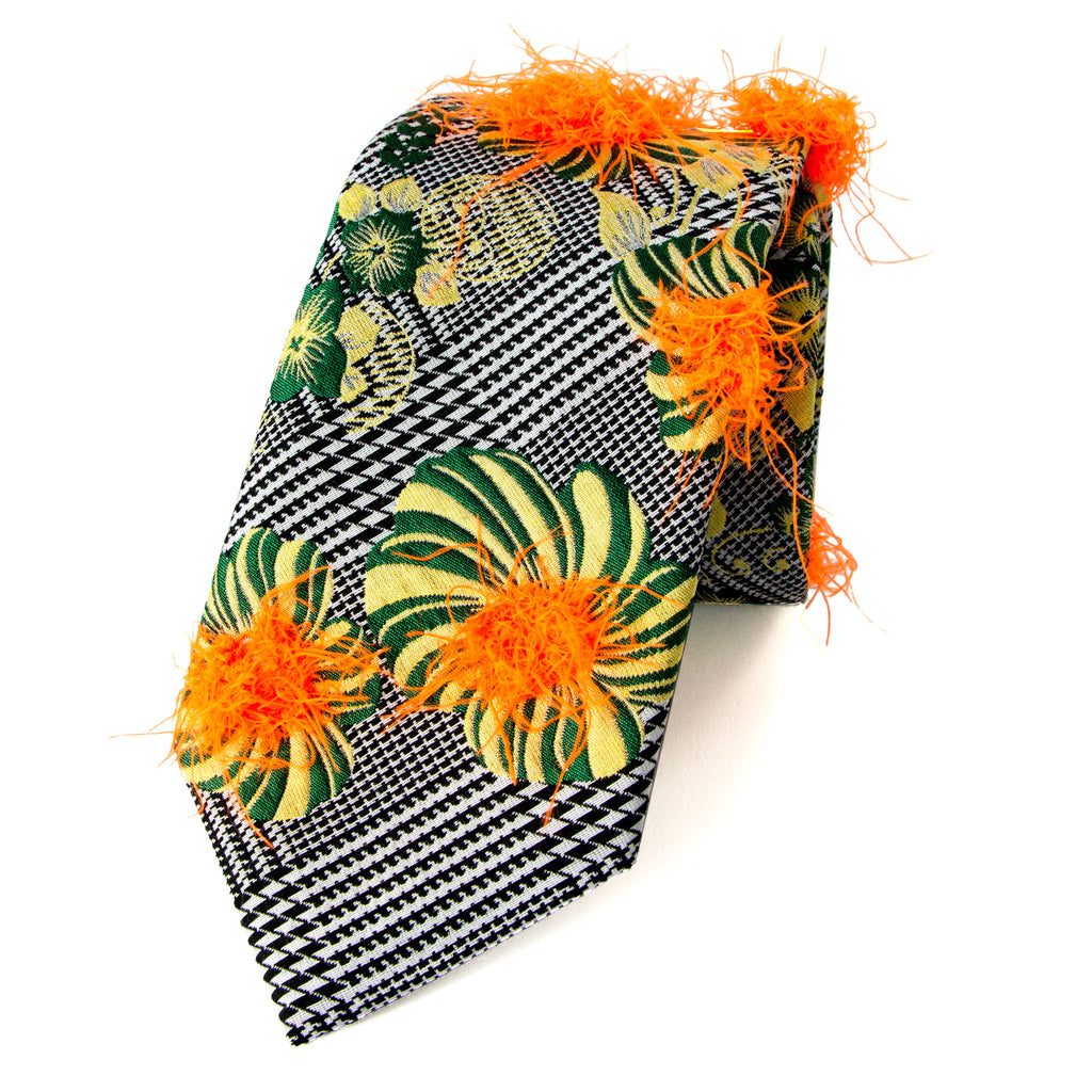 Men's Woven Microfiber Glen Plaid Floral with Faux Down Feather Fuzz Necktie