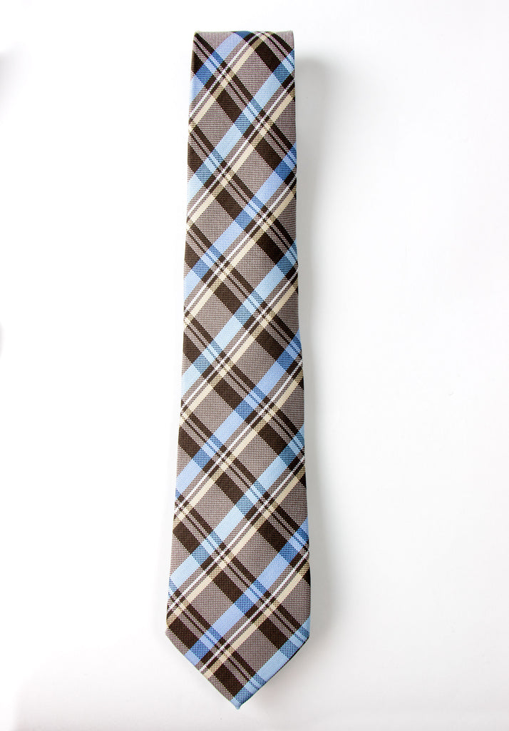 men's brown tartan plaid patterned necktie tie