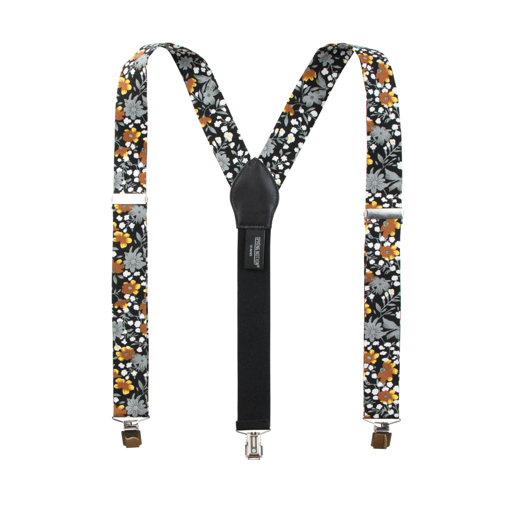 Men's Floral Cotton Suspenders, Black Mustard (Color F41)