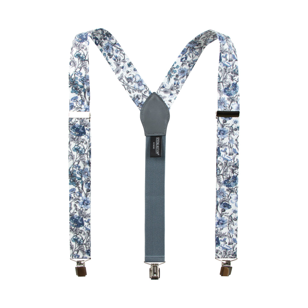 Men's Floral Cotton Suspenders, Steel Blue (Color F54)