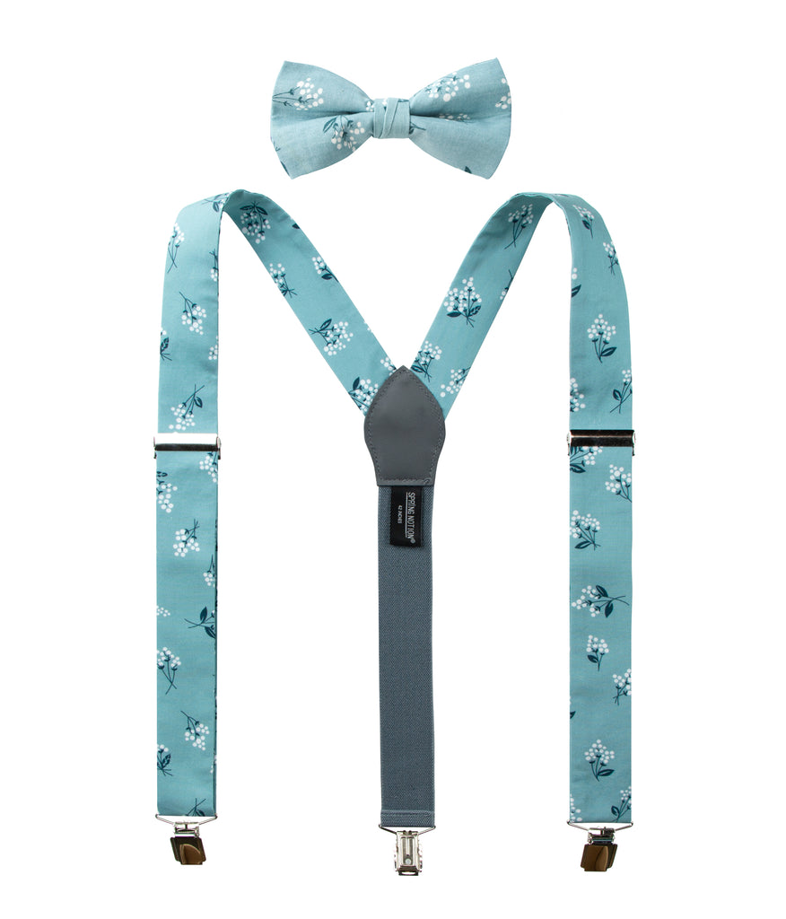 Men's Floral Cotton Suspenders and Bow Tie Set, Blue (Color F14)