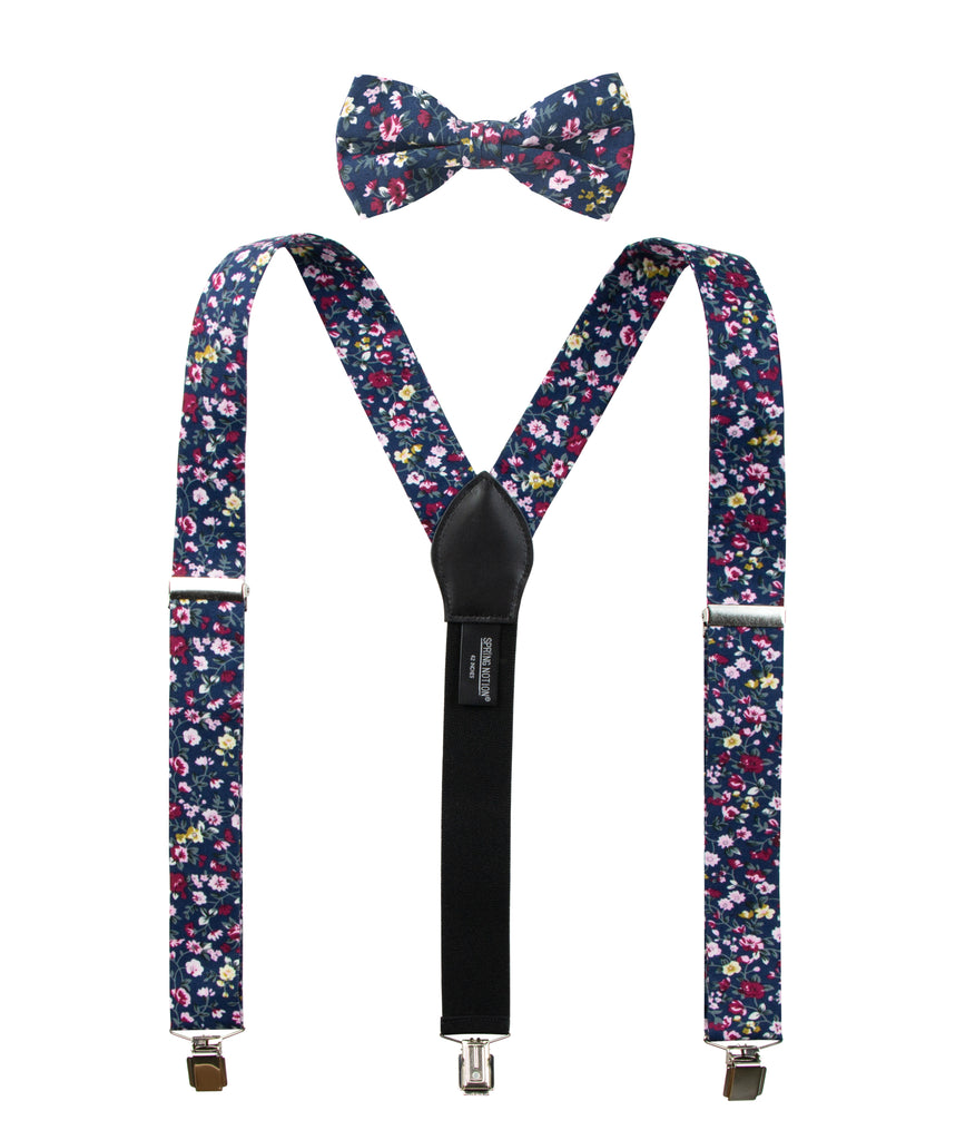 Men's Floral Cotton Suspenders and Bow Tie Set, Navy (Color F23)
