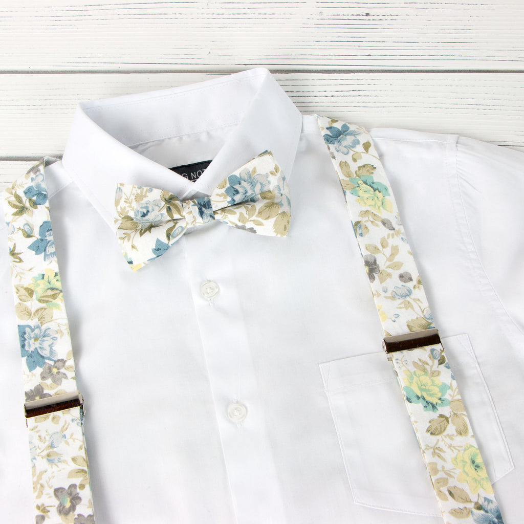 Men's Floral Cotton Suspenders and Bow Tie Set, Sage Yellow (Color F24)