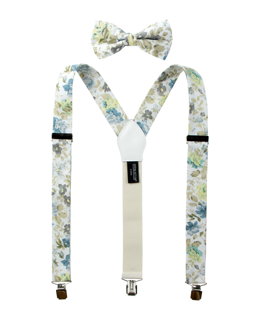 Men's Floral Cotton Suspenders and Bow Tie Set, Sage Yellow (Color F24)