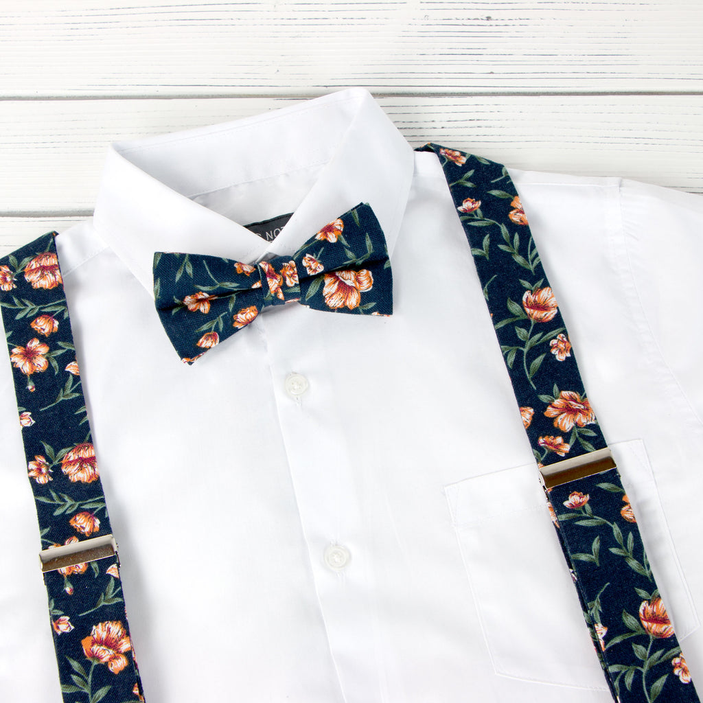 Men's Floral Cotton Suspenders and Bow Tie Set, Navy Orange (Color F35)