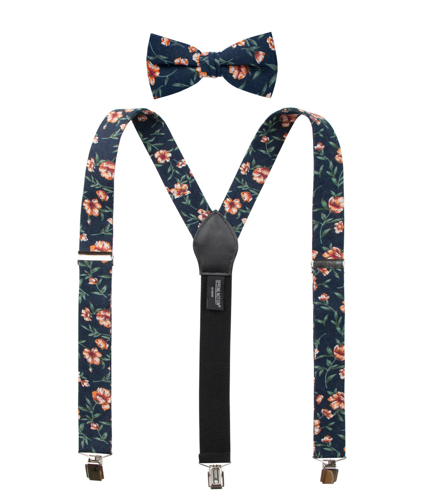 Men's Floral Cotton Suspenders and Bow Tie Set, Navy Orange (Color F35)