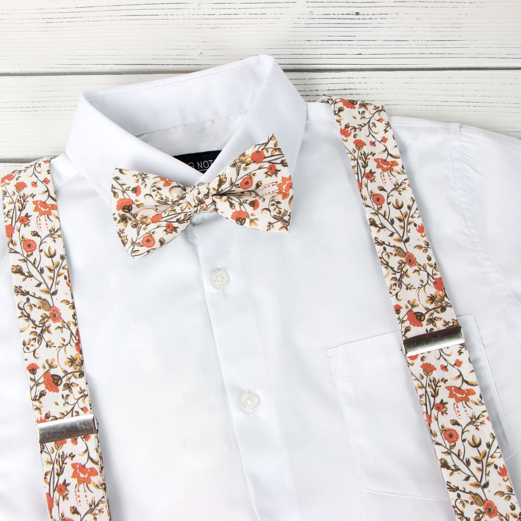 Men's Floral Cotton Suspenders and Bow Tie Set, Sienna (Color F43)