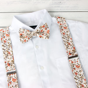 Men's Floral Cotton Suspenders and Bow Tie Set, Sienna (Color F43)