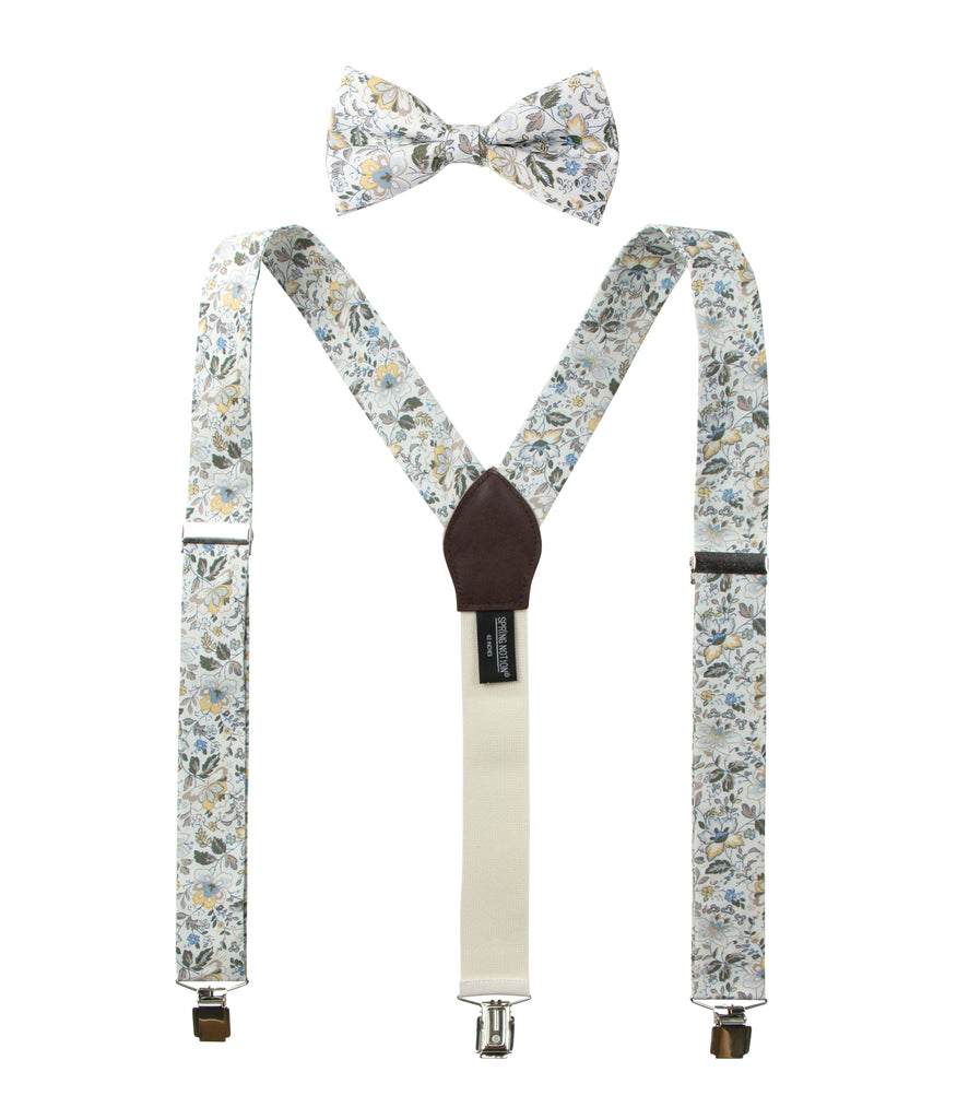 Men's Floral Cotton Suspenders and Bow Tie Set, Gold Metallic (Color F44)