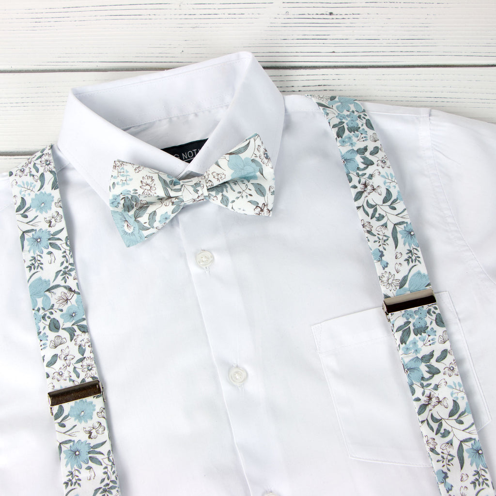 Men's Floral Cotton Suspenders and Bow Tie Set, Dusty Blue (Color F48)
