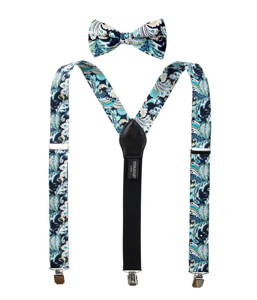 Men's Floral Cotton Suspenders and Bow Tie Set, Marine (Color F50)