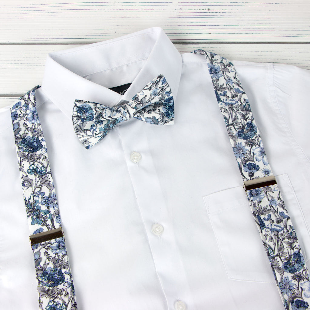 Men's Floral Cotton Suspenders and Bow Tie Set, Steel Blue (Color F54)