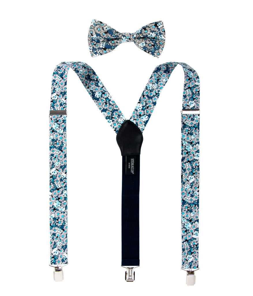 Men's Floral Cotton Suspenders and Bow Tie Set, Blue (Color F58)