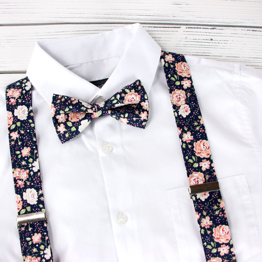 Men's Floral Cotton Suspenders and Bow Tie Set, Navy/Pink (Color F59)