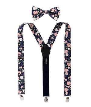 Men's Floral Cotton Suspenders and Bow Tie Set, Navy/Pink (Color F59)