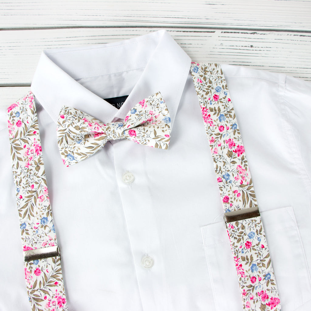 Men's Floral Cotton Suspenders and Bow Tie Set, Blue/Pink (Color F64)