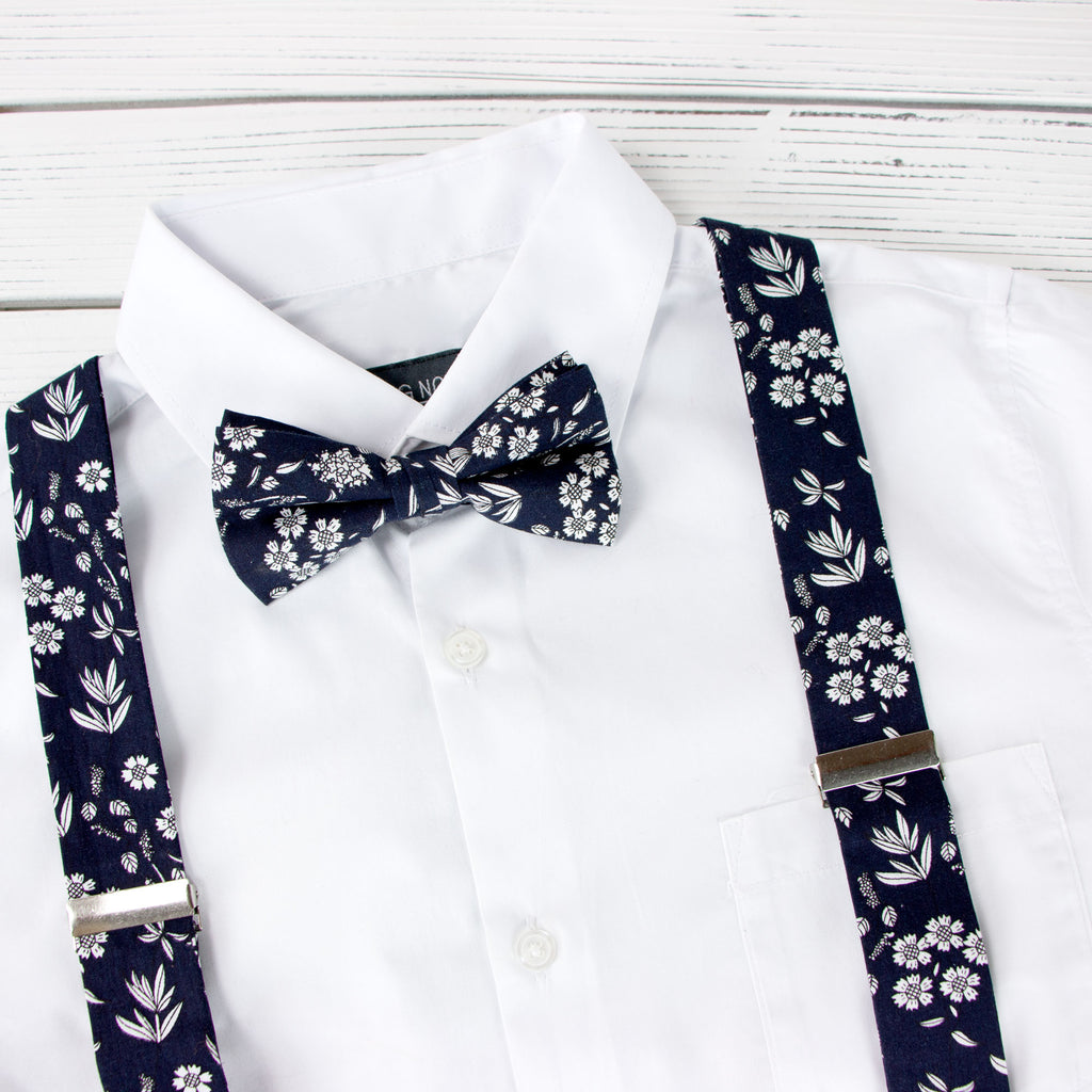 Men's Floral Cotton Suspenders and Bow Tie Set, Navy (Color F66)