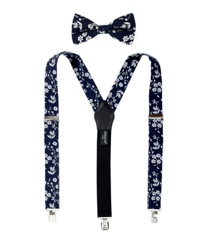 Men's Floral Cotton Suspenders and Bow Tie Set, Navy (Color F66)