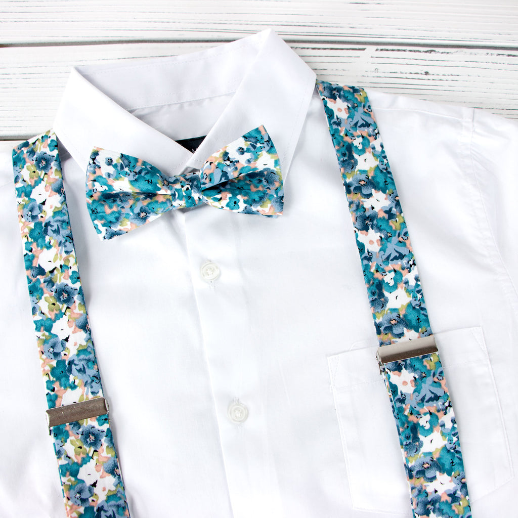 Men's Floral Cotton Suspenders and Bow Tie Set, Teal (Color F69)