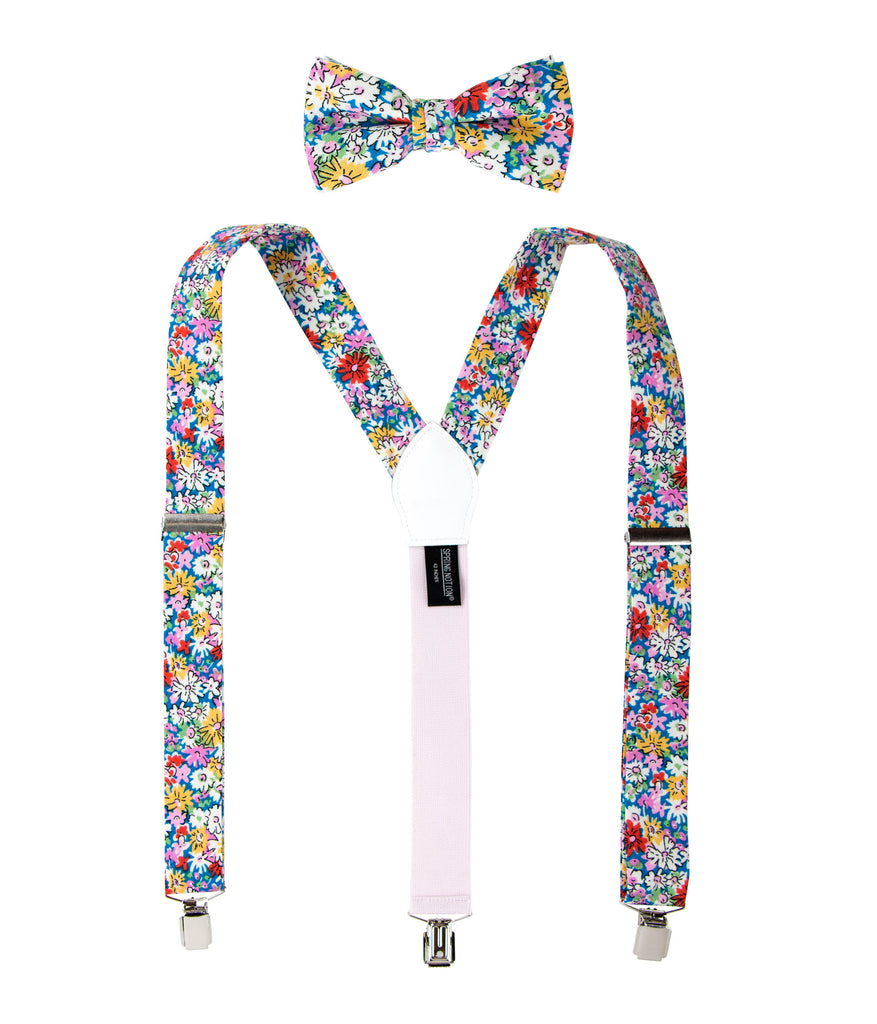 Men's Floral Cotton Suspenders and Bow Tie Set, Blue/Yellow (Color F70)