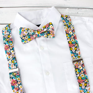 Men's Floral Cotton Suspenders and Bow Tie Set, Navy/Coral (Color F71)