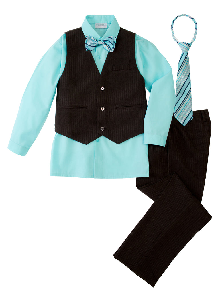 Boys' Aqua 5-Piece Pinstripe Vest Set with Necktie & Bowtie