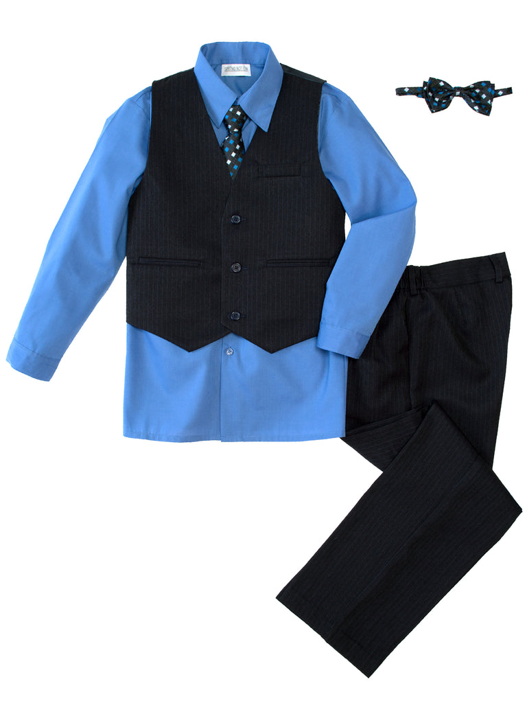 Boys' Blue 5-Piece Pinstripe Vest Set with Necktie & Bowtie