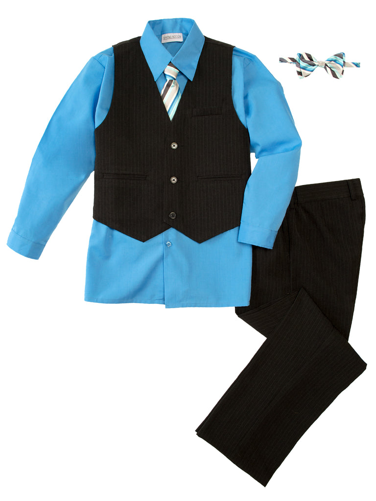 Boys' Light Blue 5-Piece Pinstripe Vest Set with Necktie & Bowtie