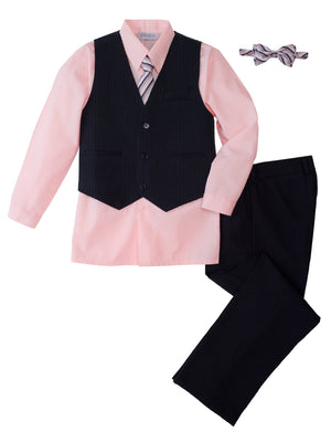 Boys' Light Pink 5-Piece Pinstripe Vest Set with Necktie & Bowtie