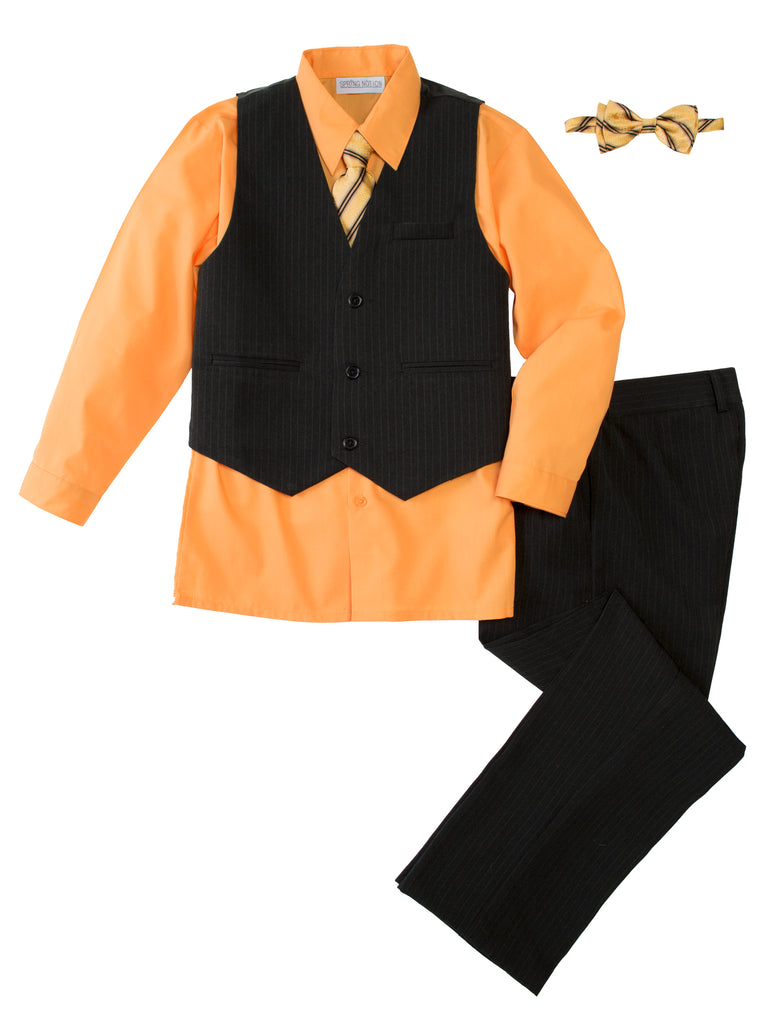 Boys' Orange 5-Piece Pinstripe Vest Set with Necktie & Bowtie