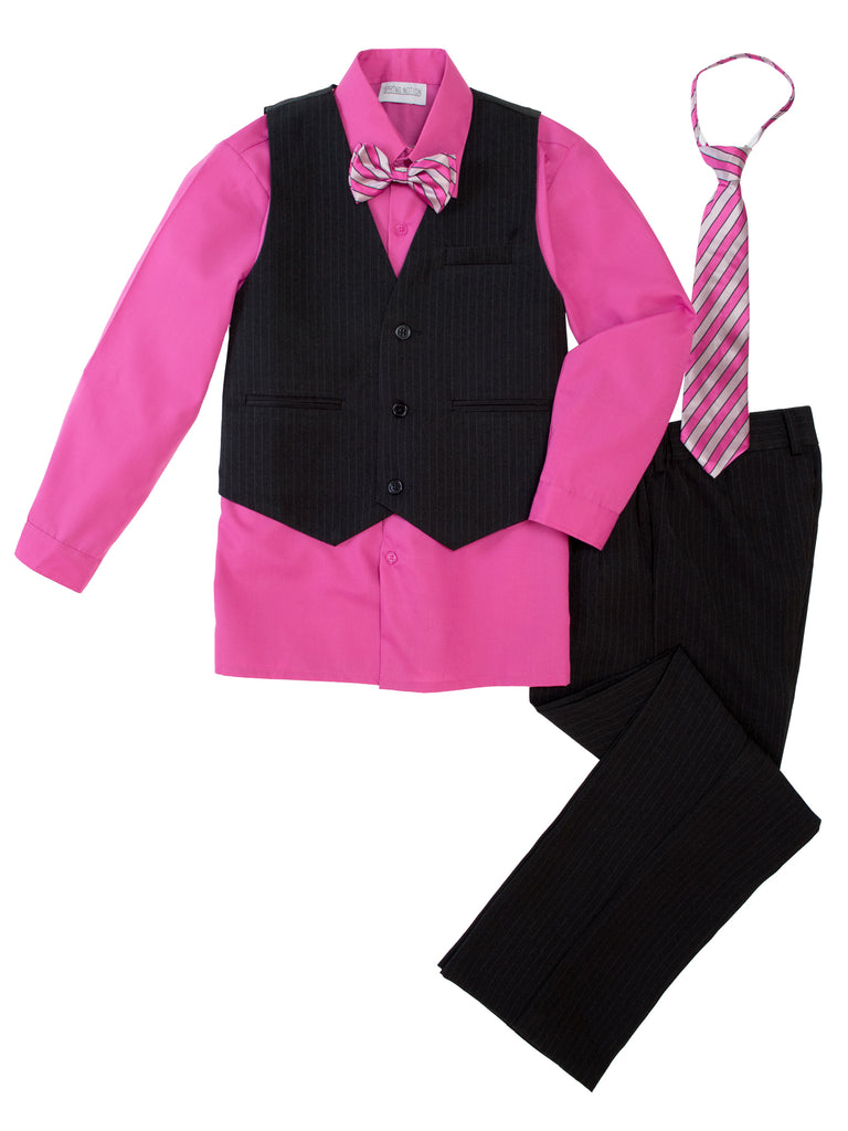 Boys' Fuchsia 5-Piece Pinstripe Vest Set with Necktie & Bowtie