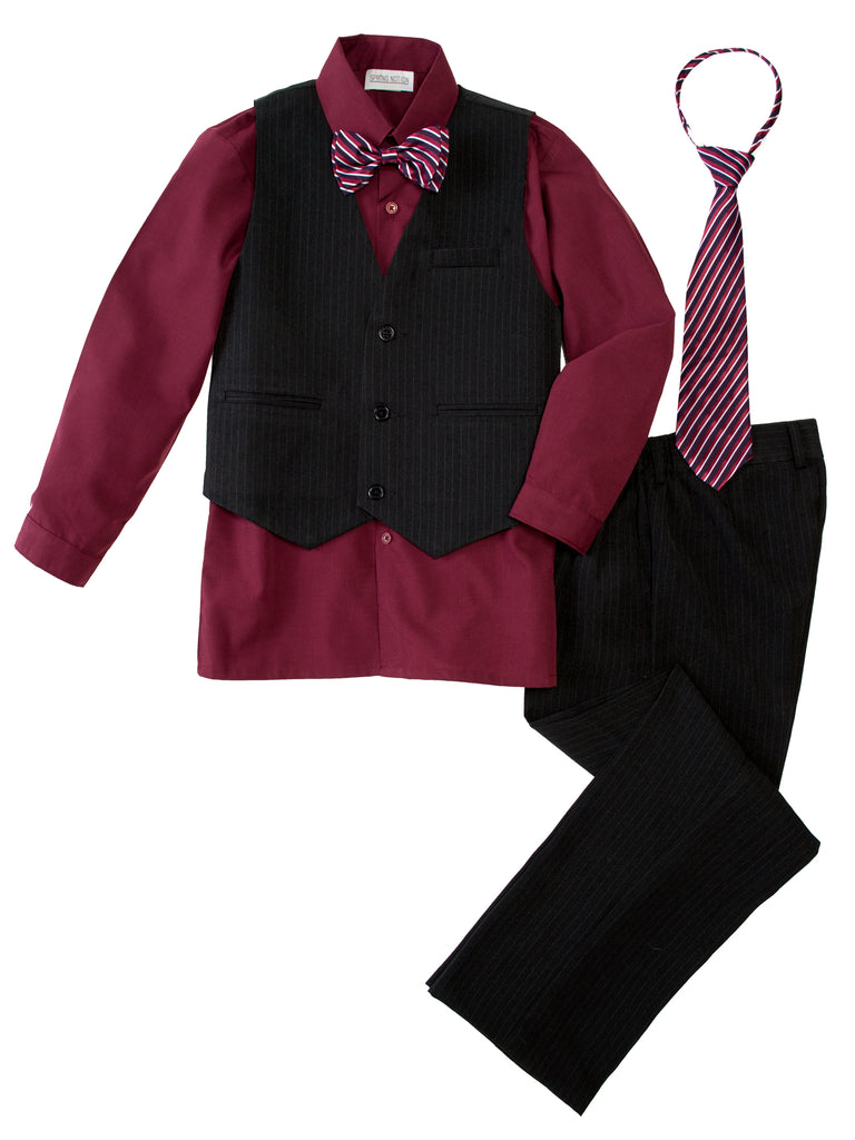 Boys' Burgundy 5-Piece Pinstripe Vest Set with Necktie & Bowtie