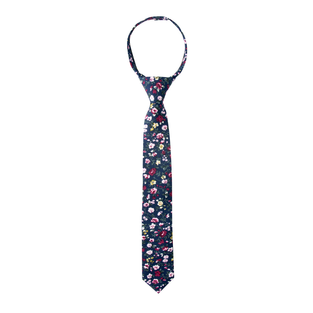 Boys' Cotton Floral Skinny Zipper Tie, Navy (Color F23)