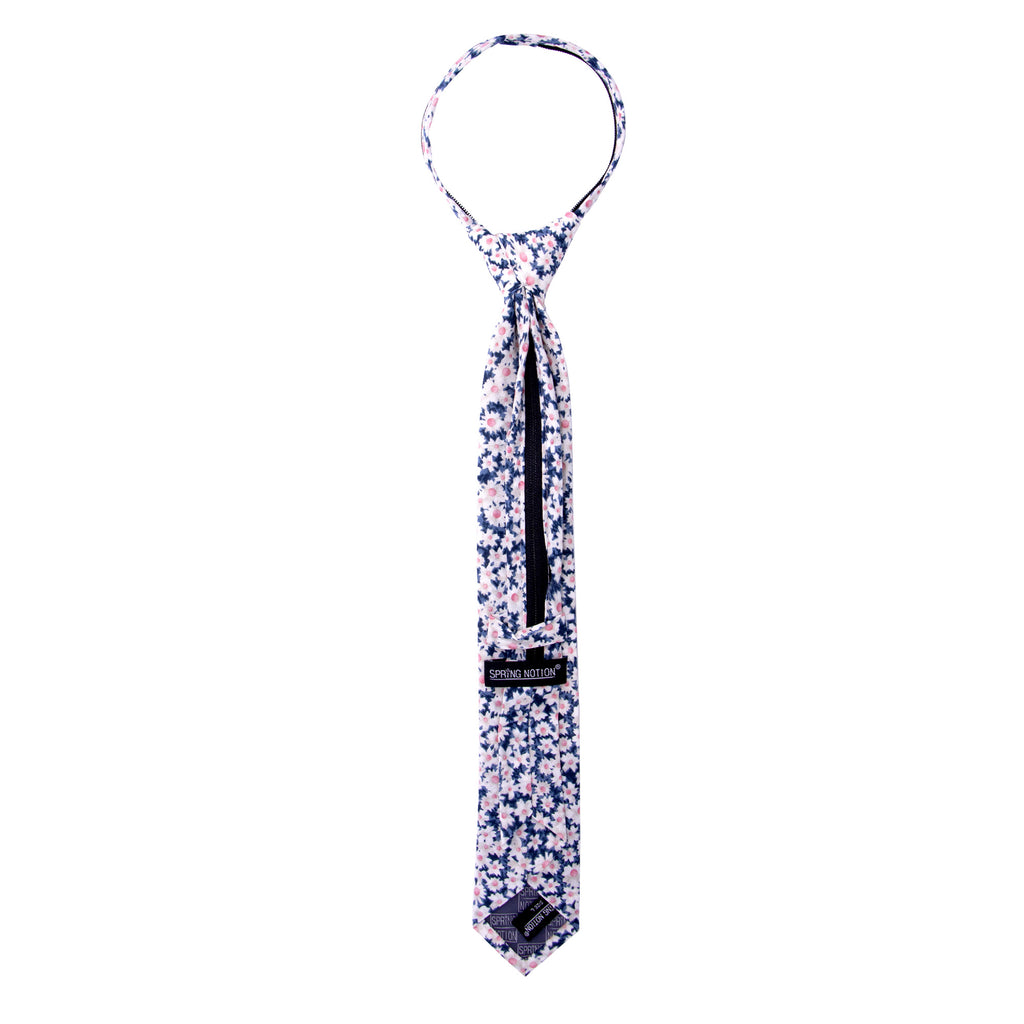 Boys' Cotton Floral Skinny Zipper Tie, Blue/Pink (Color F28)